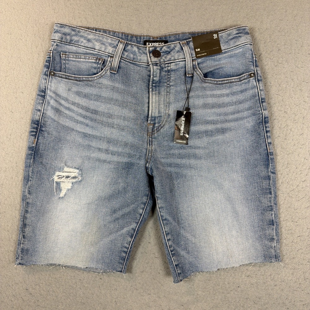 Express NWT Slim Blue Denim Shorts Raw Cut Size 31 $59